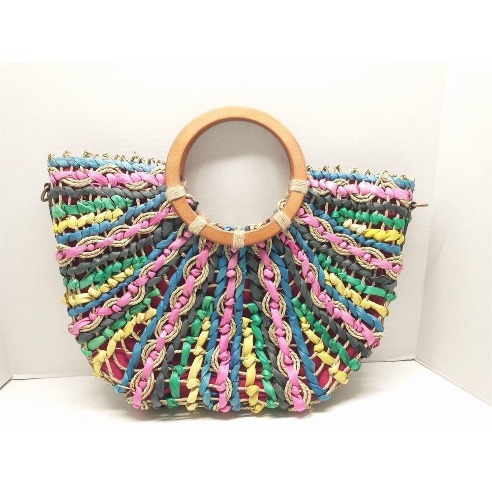 Patricia Nash Lesa Tote colorful woven straw, wooden ring handles -No Strap